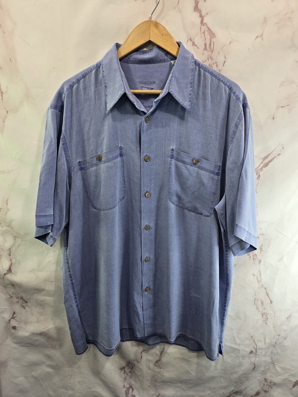 Barry Bricken Shirt Mens XL Blue Silk Short Sleeve Button Up Camp Vintage